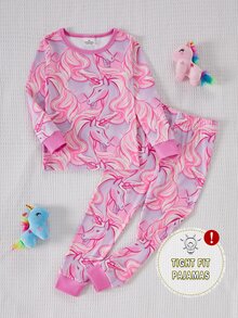 SHEIN 女童幼兒貼身舒適睡衣套裝，長袖上衣與長褲，粉色夢幻卡通獨角獸印花，四季適用，適合居家或戶外玩耍，柔軟親膚 - 粉色 - 查看 4