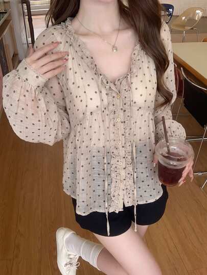 DAZY French Style Wood Ear Trim V-Neck Blouse For Women, Loose Fit With Tie Design, Slimming And Elegant Versatile Long Sleeve Top