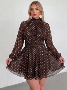 Auralis Brown Polka-Dot Double-Layer Mesh Mini Dress Featuring A Halter Neck, Tie-Back Detail, Fitted Waist, And Flared Skirt-Perfect For Dates, Parties, - Brown - View 7