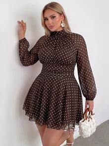 Auralis Brown Polka-Dot Double-Layer Mesh Mini Dress Featuring A Halter Neck, Tie-Back Detail, Fitted Waist, And Flared Skirt-Perfect For Dates, Parties, - Brown - View 4