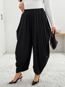 Shapeblank Women's Plus-Size Black Lantern Pants – Stylish, Casual, Loose-Fit, Stretchy, And Comfortable – Versatile Everyday All-Match For Spring & Autumn,Outfits - Black - View 4
