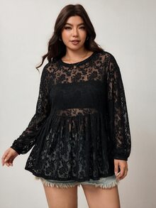 Enliva Plus-Size Women's Casual Loose Basic Long-Sleeved T-Shirt, Semi-Transparent LaceApple,Rounded Body - Black - View 6