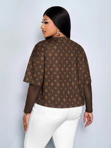 SOLERSUN Plus Size Women Letter Print Contrast Mesh 2 In 1 T-Shirt Fall Vacation Going Out Casual Cargo - Brown - View 5