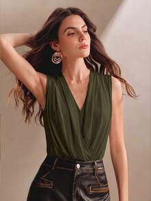 Anewsta Essential Spring/Summer Elegant Fashion Casual Party Date Holiday Outing Vacation Sexy Ruched Knit Elastic Sleeveless Women's Bodysuit - Army Green - View 6