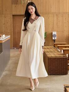 DAZY Women's Mid-Length Dress With PU Patchwork, Long Sleeves And Waist-Flattering Design - Beige - View 5