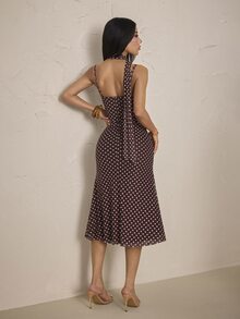 SHEIN PETITE Brown Polka-Dot Midi Mermaid Dress With Ribbon Detail And Ruched Bust (Petite) - Brown - View 2