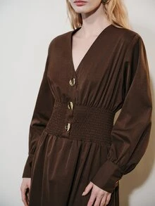 Aveloria Modichic Button Decor, Commuter Design Fashionable Elegant V-Neck Elastic Waist Versatile Long Dress - Coffee Brown - View 2