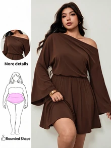 Enliva Plus-Size Women's Commuter Asymmetrical Neckline Fitted Waist DressApple,Rounded Body Elegant Short Dresses - Brown - View 1