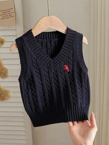 SHEIN 女童粉色刺繡背心毛衣，圓領，適合搭配裙子，適合秋冬春夏穿著的套頭衫 - 藏蓝色 - 查看 1