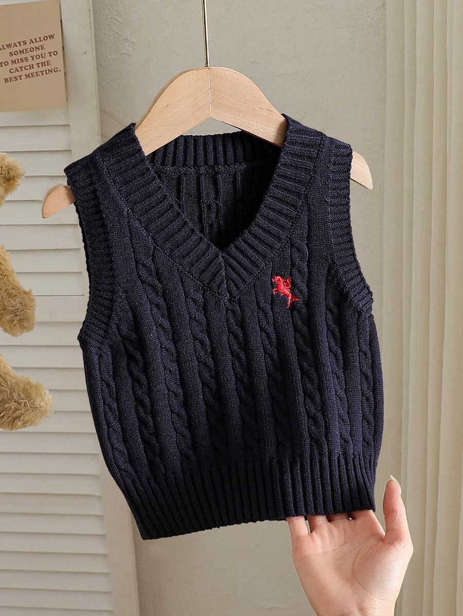 SHEIN 女童粉色刺繡背心毛衣,圓領,適合搭配裙子,適合秋冬春夏穿著的套頭衫 - 藏蓝色 - 查看 1