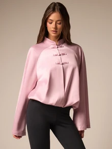 Athîral Women's Solid Color New Chinese Style Collar Bell Sleeve Fashion Casual Top - Pink - View 7