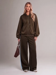 SHEIN Unity Women's Brown Mountain Logo Drawstring Wide Leg Sweatpants, High Waist Drape Loose Casual Straight Leg Sports Long Pants - Multicolor - View 5