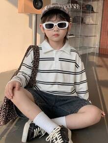 Hapijoa 小男孩條紋休閒日常長袖T恤 - 黑與白 - 查看 2