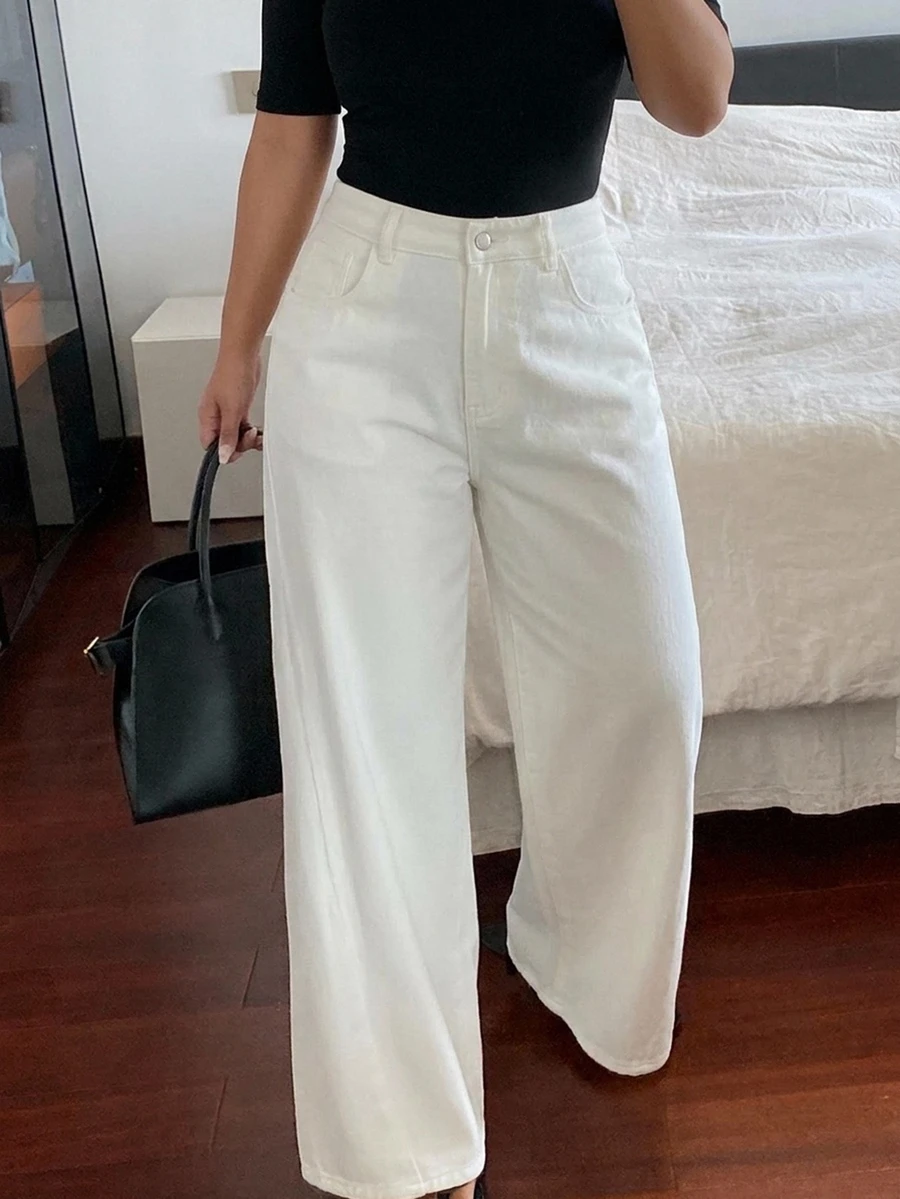 Dazy Plus Fun Commute Versatile Loose Casual White Long Straight Leg Jeans - White - View 1