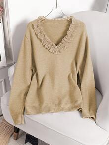 Linhara CURVE Plus Size Women Solid Color Casual Daily Wear Long Sleeve Sweater Winter - Khaki - View 3
