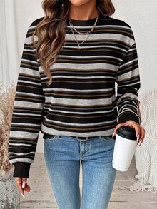 SHEIN LUNE Women's Round Neck Striped Contrast Color Long Sleeve Sweatshirt Suitable For Autumn/Winter - White - View 2