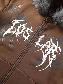 ROMWE MEN Goth Men's Hooded Long Sleeve Zip-Up Pocket Printed Sweatshirt - Coffee Brown - View 4