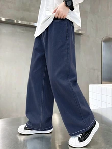 SHEIN 男孩牛仔長褲 夏季柔軟棉質 可愛彈性腰帶 後方蜘蛛網刺繡 寬鬆直筒版型 黑白配色 萬聖節 - 深色水洗藍 - 查看 4