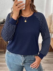 Comfylo Autumn/Winter New Teacher's Day Thanksgiving Blue Striped Print Plus Size Women's Casual Raglan Sleeve Crew Neck Loose T-Shirt Suitable For Spring/Autumn - Navy Blue - View 3