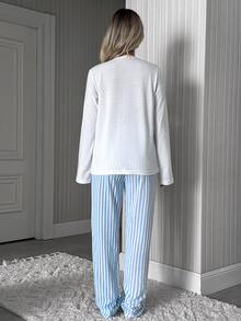 SHEIN Cotton 2pcs Women Line Print Pant And Slogan Print Top Homewear Pajama Set - Baby Blue - View 2