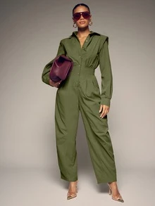 Hauture Women's Sexy Casual Collared Front Button Barrel Shape Long Sleeve Padded Shoulder Jumpsuit - Army Green - View 1