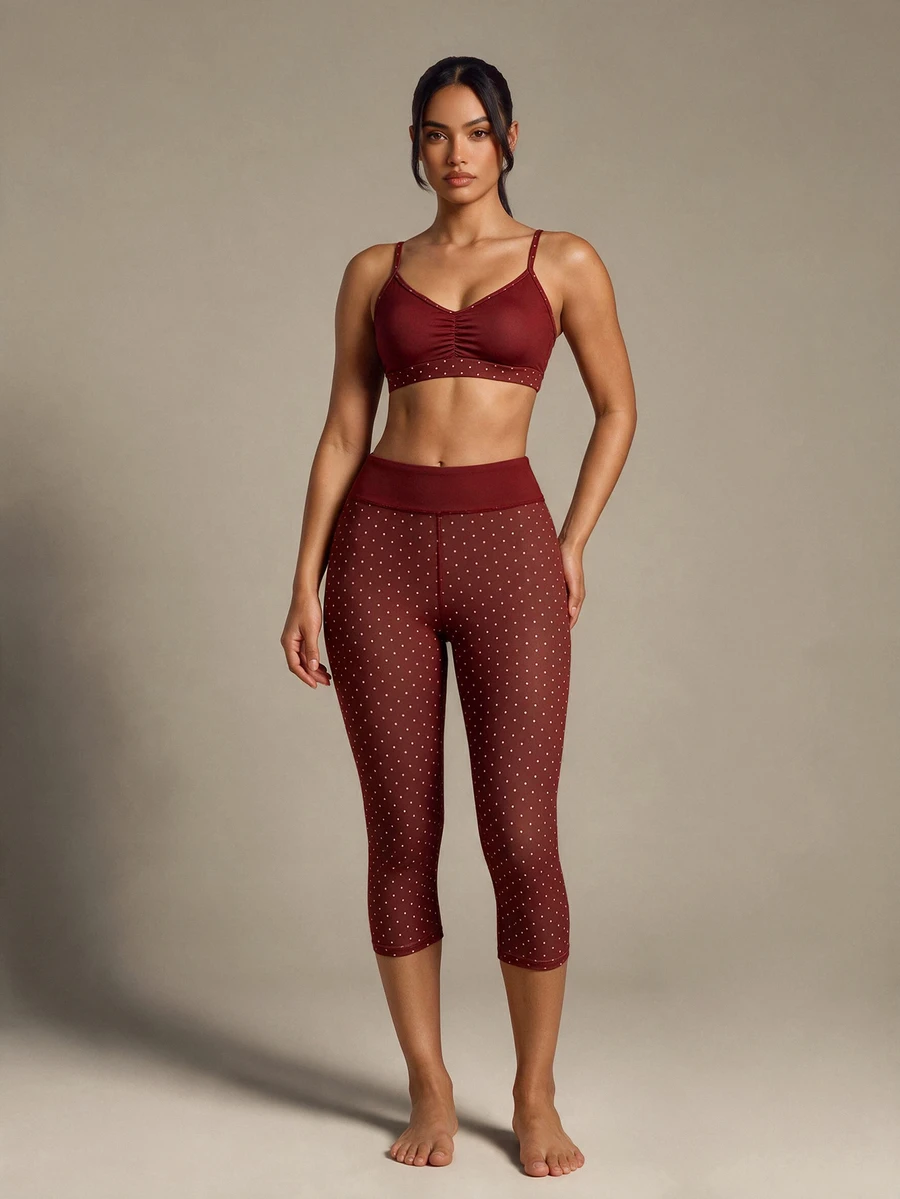 SHEIN Dewbera Women's Polka Dot Pleated Camisole Top And Fitted Cropped Leggings Sports Set - Burgundy - View 1