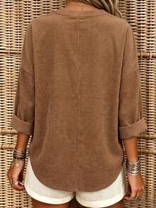 EMERY ROSE Plus Size New V-Neck Long Sleeve Pocket Decor Casual Women's Shirt - Khaki - View 2