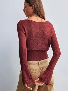 Willow Rêve Women's Solid Color Boat Neck Waist-Cinching Short Knit Top, Fashion Casual - Red - View 2