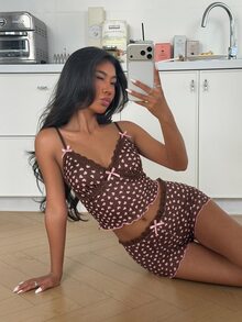 ZzzCrew 浪漫愛心印花蕾絲飾邊修身女款睡衣套裝 - 咖啡棕 - 查看 1