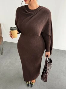 Firerie فستان نسائي مقاس كبير بلون موحد بتصميم كيب محبوك مناسب للخروجات والعطلات والمنزل والاستخدام اليومي وحفلات أعياد الميلاد والمواعيد - عنابي اللون - مشاهدة 6