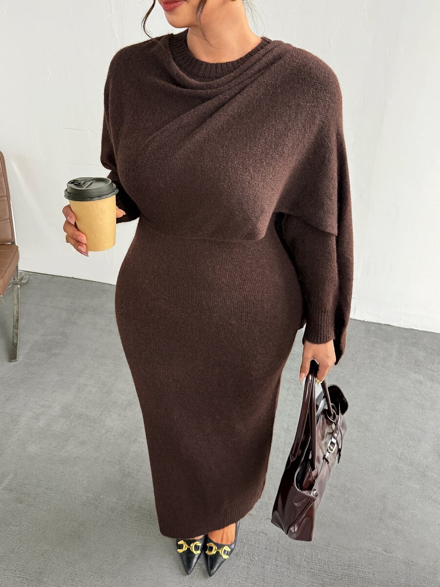 Firerie Plus Size Women Solid Color Cape Knit Dress Suitable For Outings, Holidays, Home, Daily, Birthday Parties, Dates - Burgundy - View 1