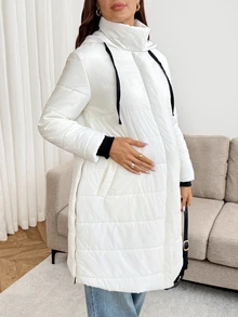 SHEIN Maternity Long Sleeve Colorblock Button & Zipper Design Hooded 3-In-1 Jacket Fall - Black and White - View 4