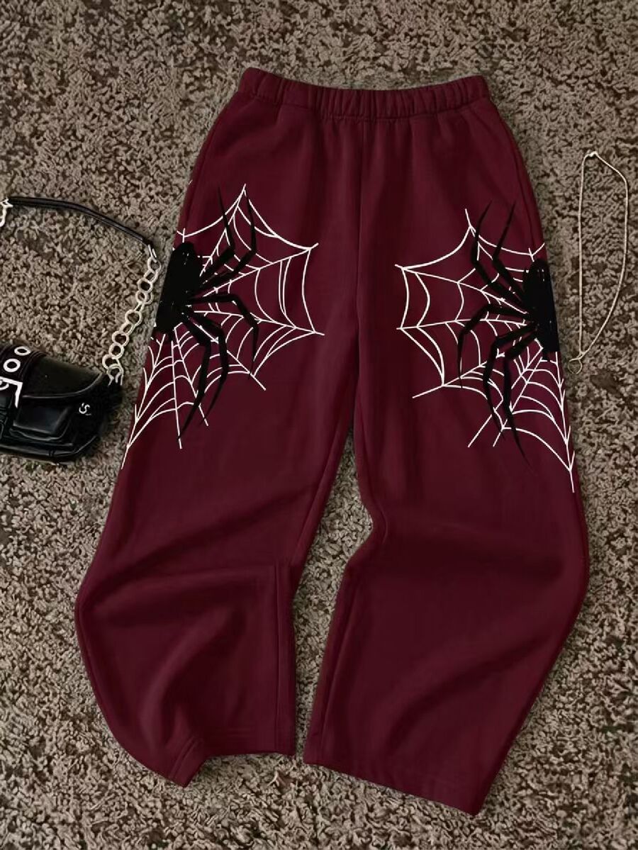 Attitoon Women's Versatile Spider Web Print Sweatpants - Burgundy - View 1