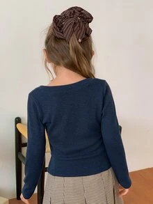 Hapijoa Young Girl) Basic Fitted Long Sleeve Autumn/Winter Inner Layer T-Shirt - Navy Blue - View 2