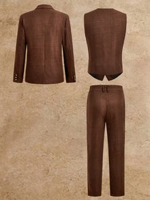 HIMLAND Men's Solid Color Vest, Long Sleeve Jacket And Pants Casual Suit Set - Brown - View 8