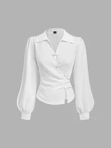 SHEIN MOD Pankou 長袖不對稱門襟襯衫 - 白色 - 查看 1