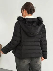 Firerie Plus Size Winter Faux Fur Hooded Jacket With Zipper And Cinching Waist - Black - View 2