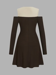 Selianne Design Contrast Color 2 In 1 Cold Shoulder Knit Dress With Semi-High Neck, Long Sleeve, Cinched Waist, A-Line Silhouette, Coffee Brown, Slimming Fit - Multicolor - View 6