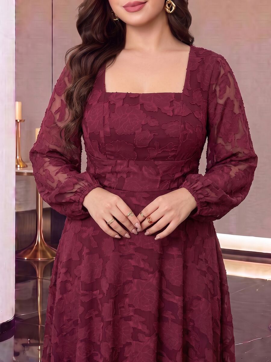 Modelyn Plus Size Women's Fashion Simple Elegant Waist-Cinching Dress - Burgundy - View 1