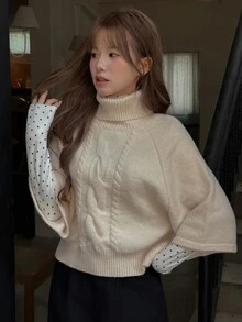 K-Vae Women's Cable Knit High Neck Raglan Sleeve Loose Fit Fashion Sweater - Apricot - View 1