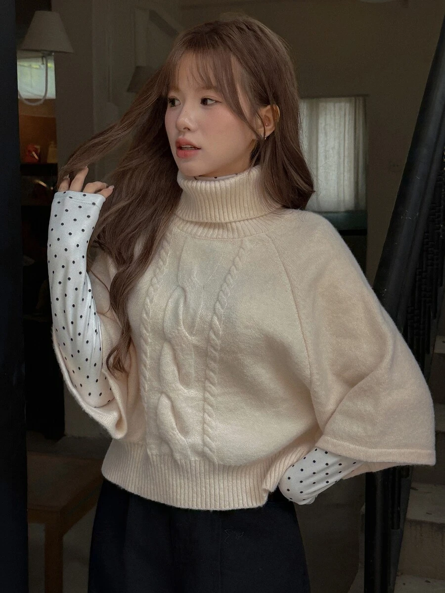 K-Vae Women's Cable Knit High Neck Raglan Sleeve Loose Fit Fashion Sweater - Apricot - View 1