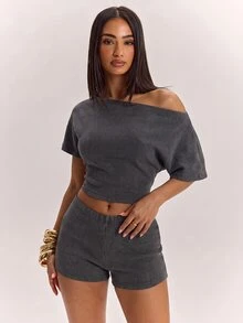 Eshe Glo 女款兩件套灰色露肩短袖上衣，休閒優雅性感 Y2K 風格，適合派對、夜店、夜生活與外出穿著 - 黑色 - 查看 7
