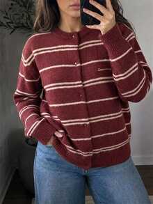 Dazy Plus Red Christmas New Year Striped Long Sleeve Korean Style Cardigan Sweater - Red - View 1