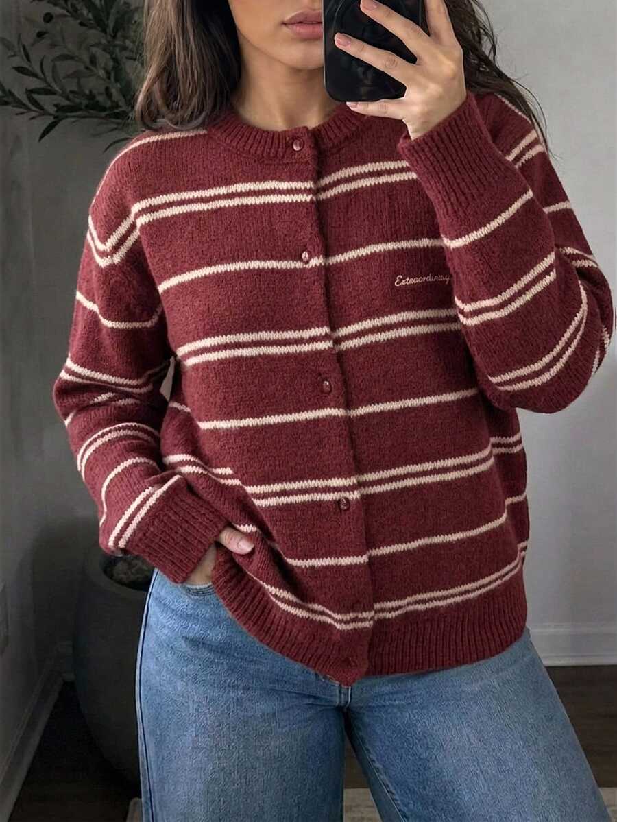 Dazy Plus Red Christmas New Year Striped Long Sleeve Korean Style Cardigan Sweater - Red - View 1
