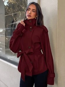 Aloruh Women's Solid Color Long Sleeve Stand Collar Button Lapel Casual Jacket - Burgundy - View 6