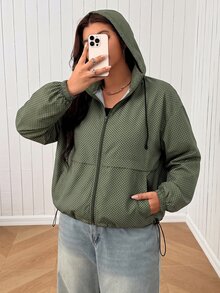 SHEIN EZwear Plus Size Women's Plaid Pattern Zip-Up Drawstring Hooded Jacket - Army Green - View 6