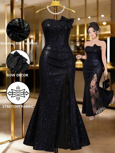 GlowEve CURVE Vestido de mujer elegante con lazo decorativo, patchwork de malla floral y corte sirena sin tirantes