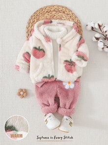 Cozy Pixies 女嬰水果圖案抓絨內裡加厚連帽長袖前開襟運動衫，純色針織軟彈腰長褲，2件套連帽外套休閒長褲套裝 - 白色 - 查看 7