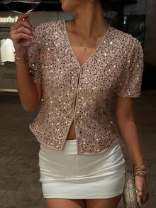 Livesso Women's Solid Color Sequin Short Sleeve Elegant Regular Fit Jacket - Khaki - View 4