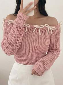 Dazy Plus Korean Style Bow Contrast Color Fitted Square Neck Long Sleeve Hollow Out Sexy Vacation Spring Autumn Thin Knit Sweater - Pink - View 4